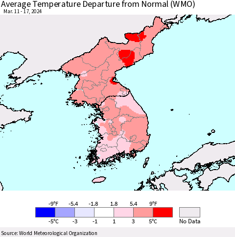 Korea Average Temperature Departure from Normal (WMO) Thematic Map For 3/11/2024 - 3/17/2024