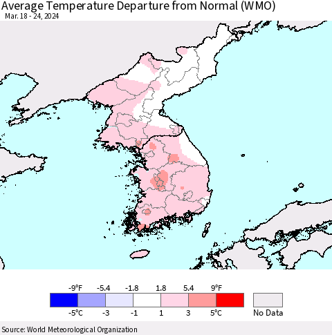 Korea Average Temperature Departure from Normal (WMO) Thematic Map For 3/18/2024 - 3/24/2024