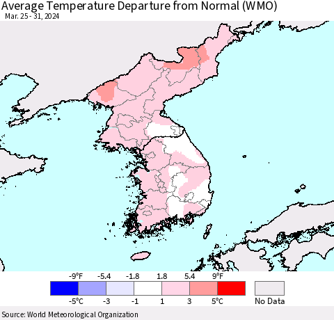 Korea Average Temperature Departure from Normal (WMO) Thematic Map For 3/25/2024 - 3/31/2024