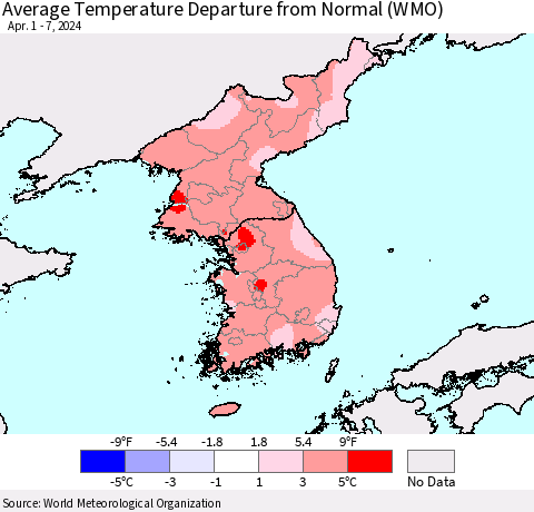 Korea Average Temperature Departure from Normal (WMO) Thematic Map For 4/1/2024 - 4/7/2024