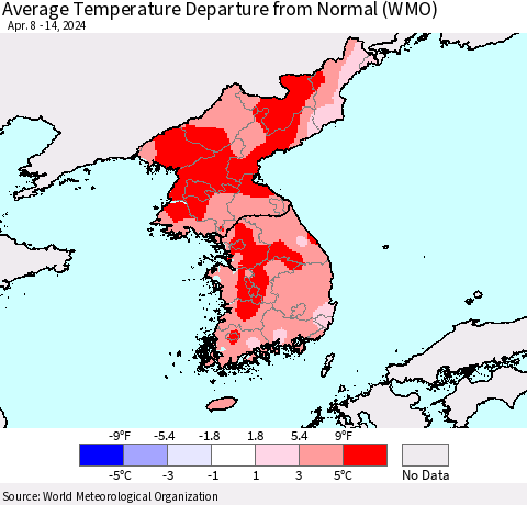 Korea Average Temperature Departure from Normal (WMO) Thematic Map For 4/8/2024 - 4/14/2024