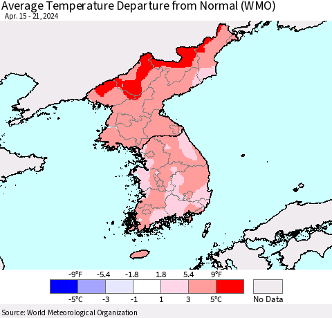 Korea Average Temperature Departure from Normal (WMO) Thematic Map For 4/15/2024 - 4/21/2024