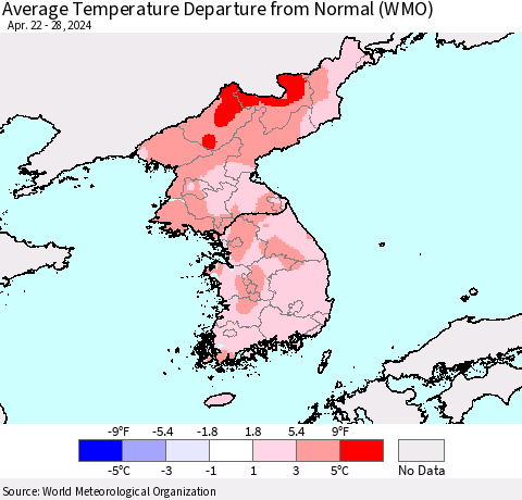 Korea Average Temperature Departure from Normal (WMO) Thematic Map For 4/22/2024 - 4/28/2024
