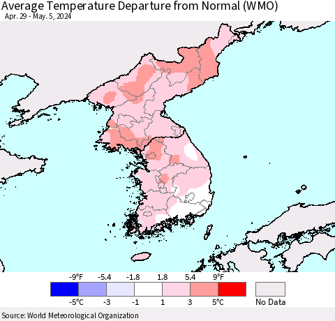 Korea Average Temperature Departure from Normal (WMO) Thematic Map For 4/29/2024 - 5/5/2024