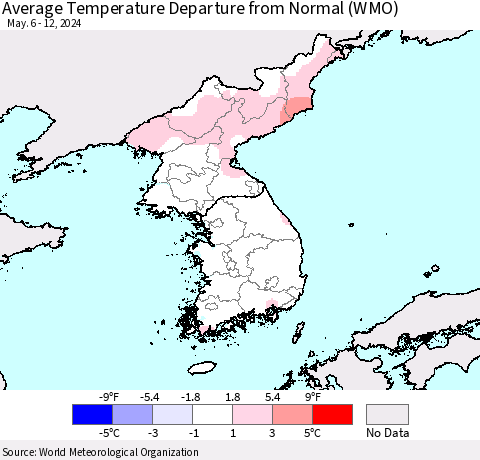 Korea Average Temperature Departure from Normal (WMO) Thematic Map For 5/6/2024 - 5/12/2024