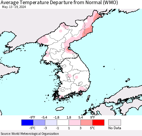 Korea Average Temperature Departure from Normal (WMO) Thematic Map For 5/13/2024 - 5/19/2024