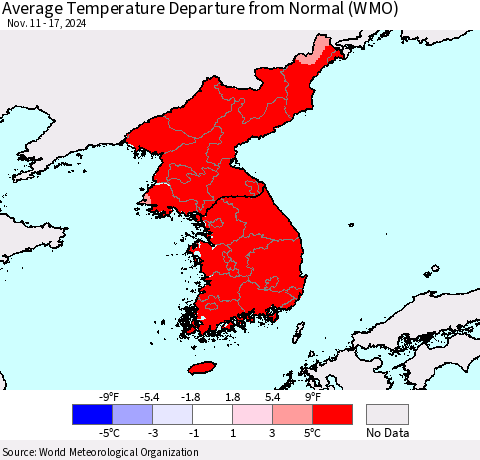 Korea Average Temperature Departure from Normal (WMO) Thematic Map For 11/11/2024 - 11/17/2024