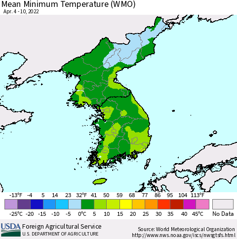 Korea Minimum Temperature (WMO) Thematic Map For 4/4/2022 - 4/10/2022