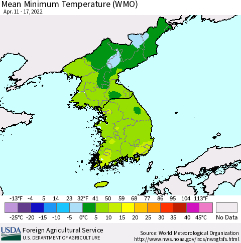 Korea Minimum Temperature (WMO) Thematic Map For 4/11/2022 - 4/17/2022
