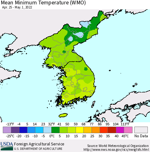 Korea Minimum Temperature (WMO) Thematic Map For 4/25/2022 - 5/1/2022