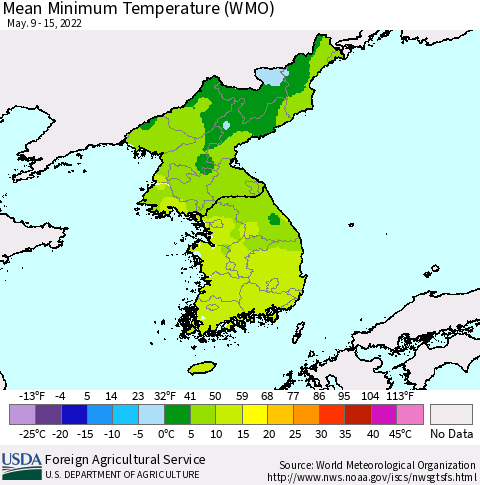 Korea Minimum Temperature (WMO) Thematic Map For 5/9/2022 - 5/15/2022