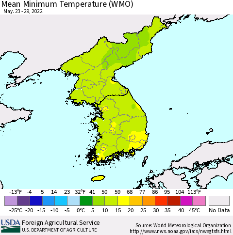 Korea Minimum Temperature (WMO) Thematic Map For 5/23/2022 - 5/29/2022