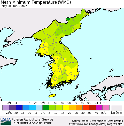Korea Minimum Temperature (WMO) Thematic Map For 5/30/2022 - 6/5/2022