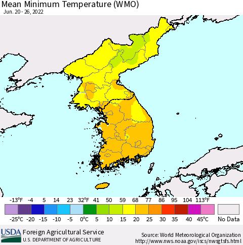 Korea Minimum Temperature (WMO) Thematic Map For 6/20/2022 - 6/26/2022