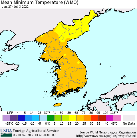 Korea Minimum Temperature (WMO) Thematic Map For 6/27/2022 - 7/3/2022