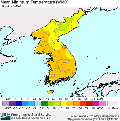 Korea Minimum Temperature (WMO) Thematic Map For 7/11/2022 - 7/17/2022