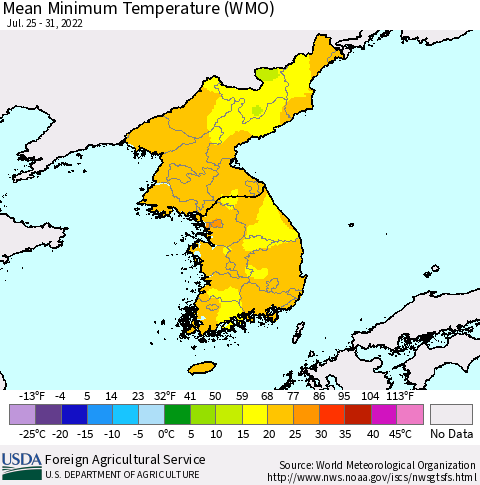 Korea Minimum Temperature (WMO) Thematic Map For 7/25/2022 - 7/31/2022