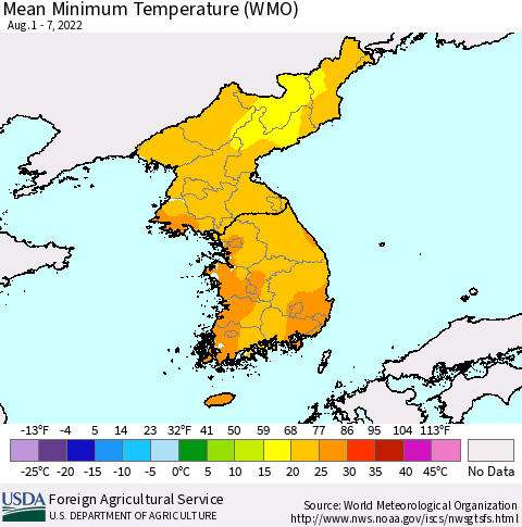 Korea Minimum Temperature (WMO) Thematic Map For 8/1/2022 - 8/7/2022