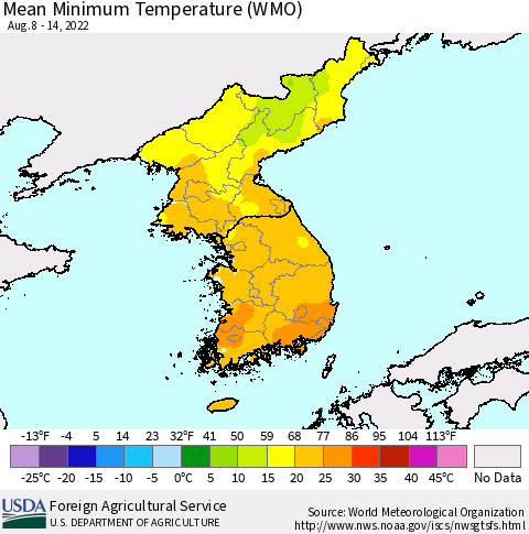 Korea Minimum Temperature (WMO) Thematic Map For 8/8/2022 - 8/14/2022