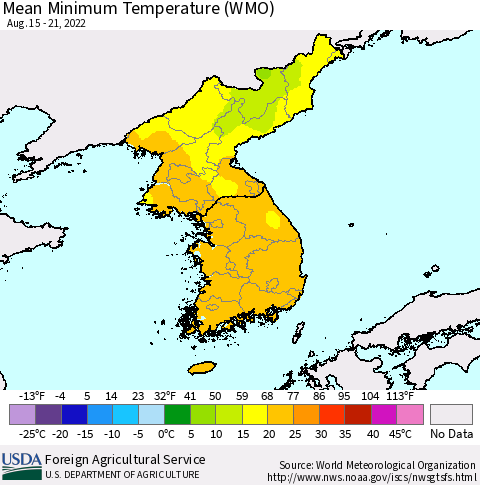 Korea Minimum Temperature (WMO) Thematic Map For 8/15/2022 - 8/21/2022