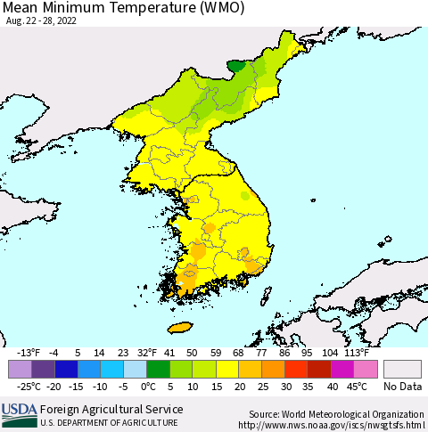Korea Minimum Temperature (WMO) Thematic Map For 8/22/2022 - 8/28/2022