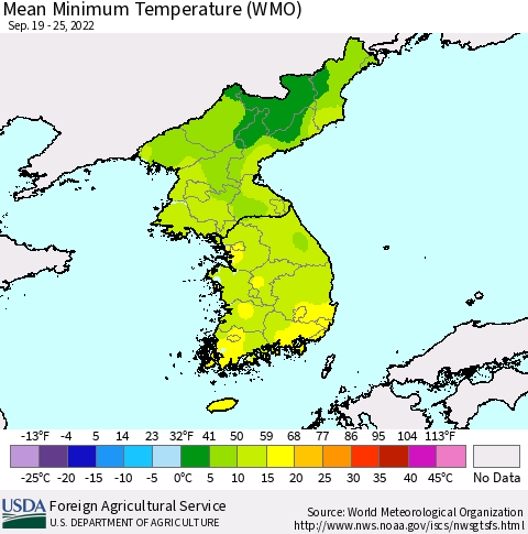 Korea Minimum Temperature (WMO) Thematic Map For 9/19/2022 - 9/25/2022