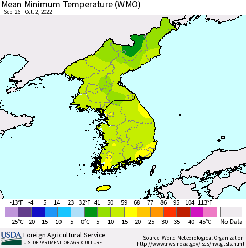 Korea Minimum Temperature (WMO) Thematic Map For 9/26/2022 - 10/2/2022