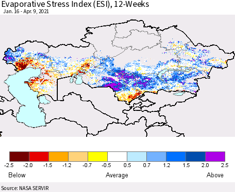 Kazakhstan Evaporative Stress Index (ESI), 12-Weeks Thematic Map For 4/5/2021 - 4/11/2021