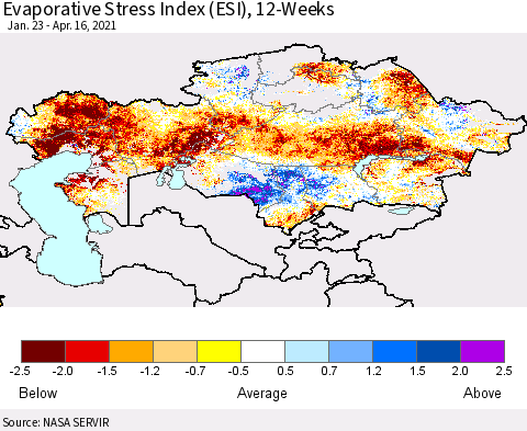 Kazakhstan Evaporative Stress Index (ESI), 12-Weeks Thematic Map For 4/12/2021 - 4/18/2021