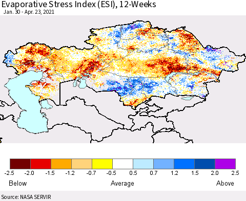 Kazakhstan Evaporative Stress Index (ESI), 12-Weeks Thematic Map For 4/19/2021 - 4/25/2021