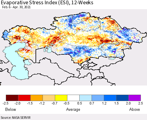Kazakhstan Evaporative Stress Index (ESI), 12-Weeks Thematic Map For 4/26/2021 - 5/2/2021