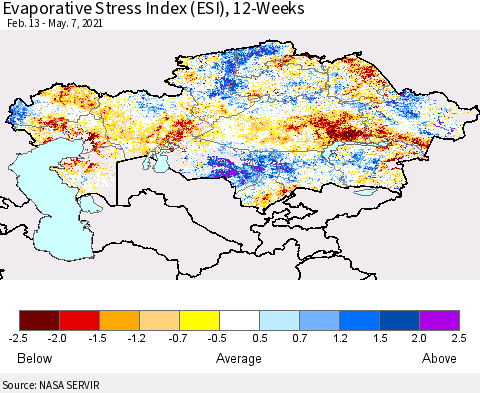 Kazakhstan Evaporative Stress Index (ESI), 12-Weeks Thematic Map For 5/3/2021 - 5/9/2021