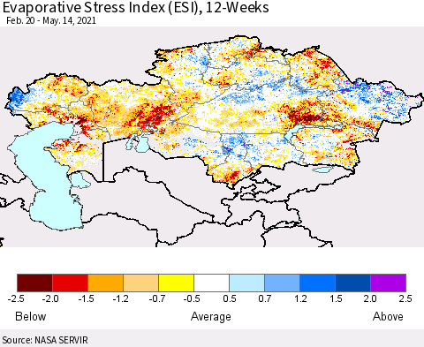 Kazakhstan Evaporative Stress Index (ESI), 12-Weeks Thematic Map For 5/10/2021 - 5/16/2021