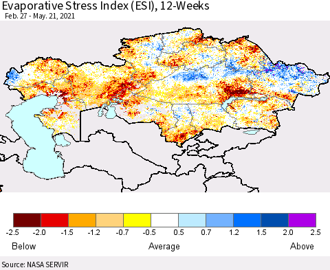 Kazakhstan Evaporative Stress Index (ESI), 12-Weeks Thematic Map For 5/17/2021 - 5/23/2021