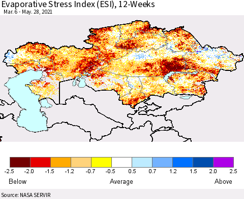 Kazakhstan Evaporative Stress Index (ESI), 12-Weeks Thematic Map For 5/24/2021 - 5/30/2021