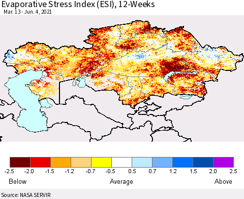 Kazakhstan Evaporative Stress Index (ESI), 12-Weeks Thematic Map For 5/31/2021 - 6/6/2021