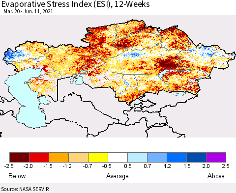 Kazakhstan Evaporative Stress Index (ESI), 12-Weeks Thematic Map For 6/7/2021 - 6/13/2021