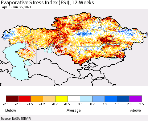 Kazakhstan Evaporative Stress Index (ESI), 12-Weeks Thematic Map For 6/21/2021 - 6/27/2021