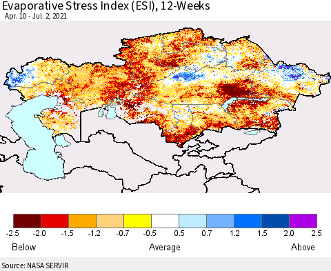 Kazakhstan Evaporative Stress Index (ESI), 12-Weeks Thematic Map For 6/28/2021 - 7/4/2021