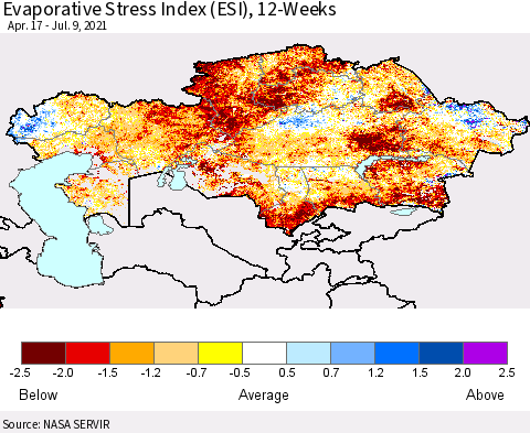 Kazakhstan Evaporative Stress Index (ESI), 12-Weeks Thematic Map For 7/5/2021 - 7/11/2021