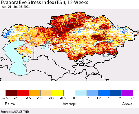 Kazakhstan Evaporative Stress Index (ESI), 12-Weeks Thematic Map For 7/12/2021 - 7/18/2021