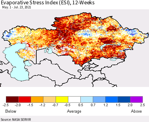 Kazakhstan Evaporative Stress Index (ESI), 12-Weeks Thematic Map For 7/19/2021 - 7/25/2021