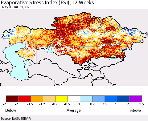 Kazakhstan Evaporative Stress Index (ESI), 12-Weeks Thematic Map For 7/26/2021 - 8/1/2021
