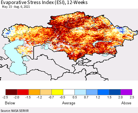 Kazakhstan Evaporative Stress Index (ESI), 12-Weeks Thematic Map For 8/2/2021 - 8/8/2021