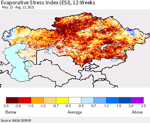Kazakhstan Evaporative Stress Index (ESI), 12-Weeks Thematic Map For 8/9/2021 - 8/15/2021