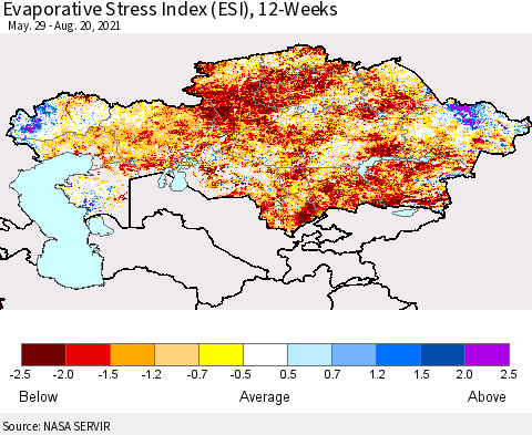 Kazakhstan Evaporative Stress Index (ESI), 12-Weeks Thematic Map For 8/16/2021 - 8/22/2021