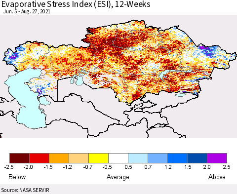 Kazakhstan Evaporative Stress Index (ESI), 12-Weeks Thematic Map For 8/23/2021 - 8/29/2021