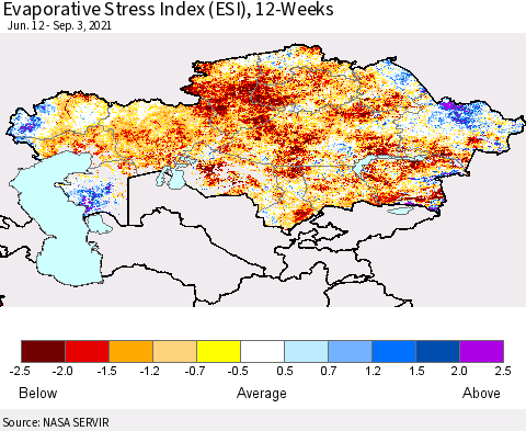 Kazakhstan Evaporative Stress Index (ESI), 12-Weeks Thematic Map For 8/30/2021 - 9/5/2021