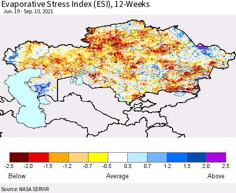 Kazakhstan Evaporative Stress Index (ESI), 12-Weeks Thematic Map For 9/6/2021 - 9/12/2021