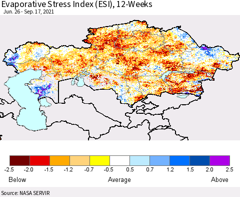 Kazakhstan Evaporative Stress Index (ESI), 12-Weeks Thematic Map For 9/13/2021 - 9/19/2021